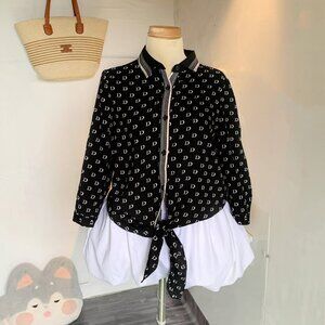 Chic Monogram Print Button Down Blouse